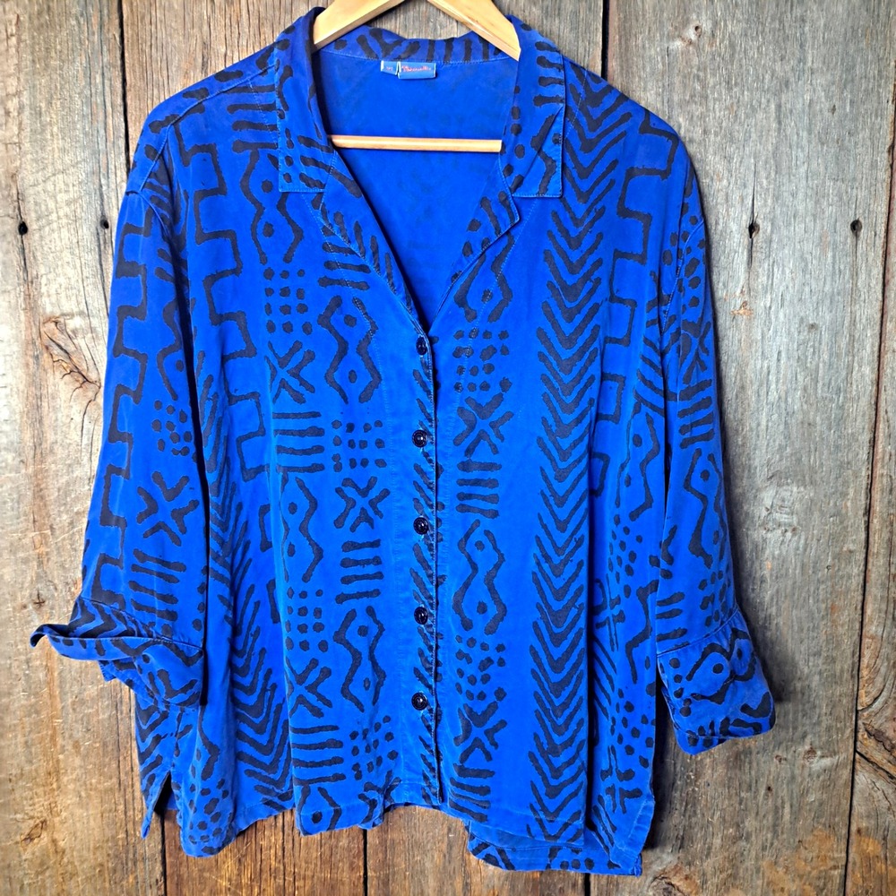 Vintage 90's Lagenlook Art-to-Wear Tianello Blue Geometric Button-Up Blouse XL